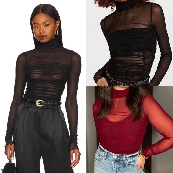 FREE PEOPLE Women's sz Small Under It All Ruched Long Sleeve Mesh Bodysuit Pink - Picture 12 of 13